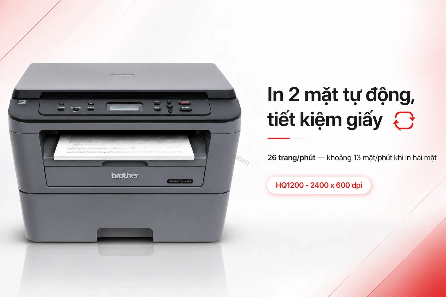 Máy in Brother DCP-L2520D đang in tài liệu hai mặt tự động, khay ra giấy
