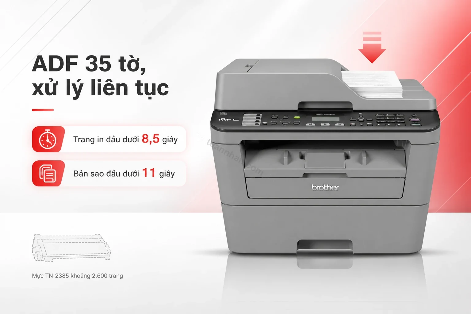 Khay ADF 35 tờ trên Brother MFC-L2701D đang nạp giấy để quét, copy