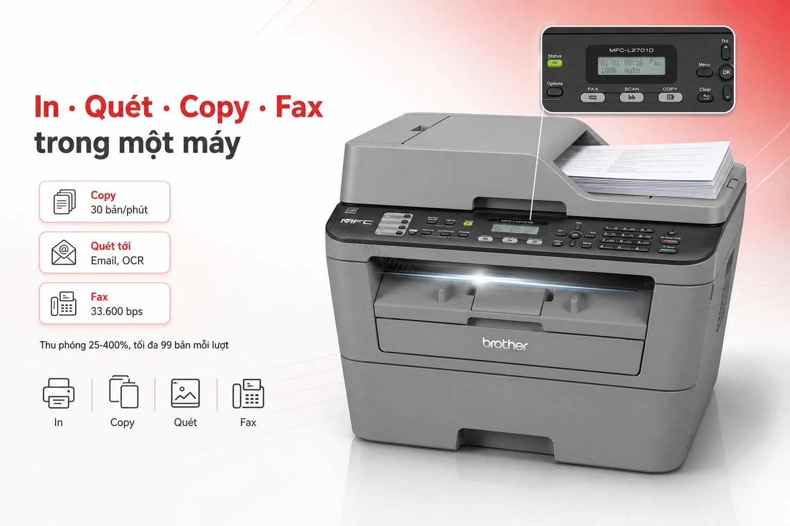 Bảng điều khiển Brother MFC-L2701D với màn hình LCD, thao tác copy và fax