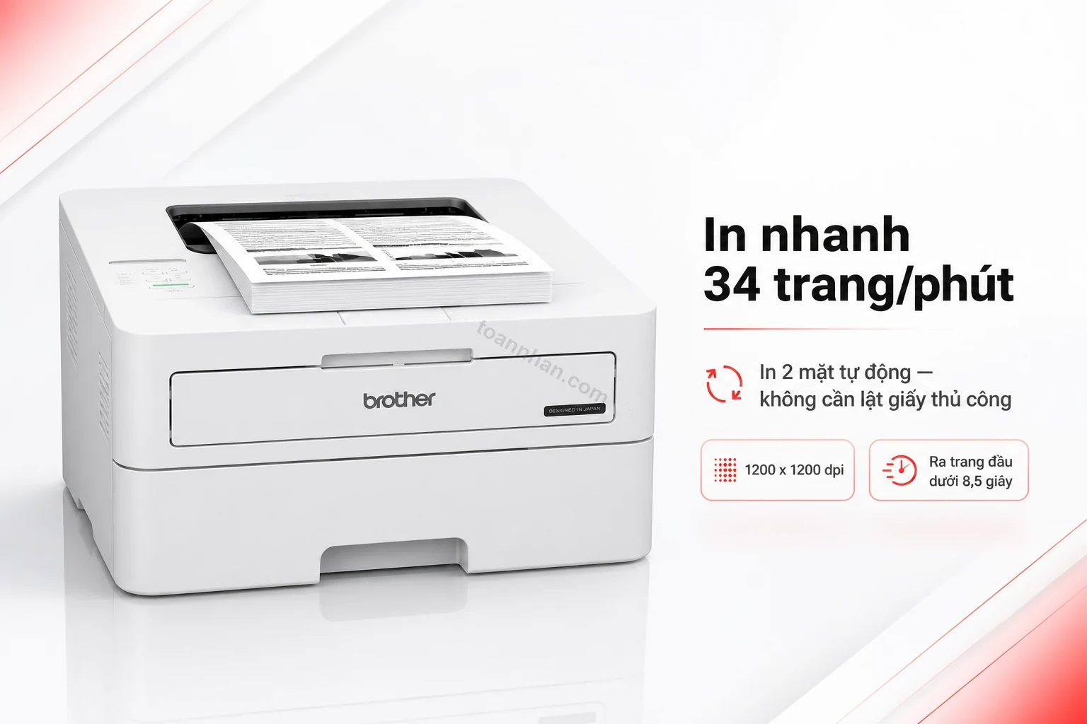Máy in Brother HL-B2100D đang in tài liệu 2 mặt tự động, khay ra giấy phía trước