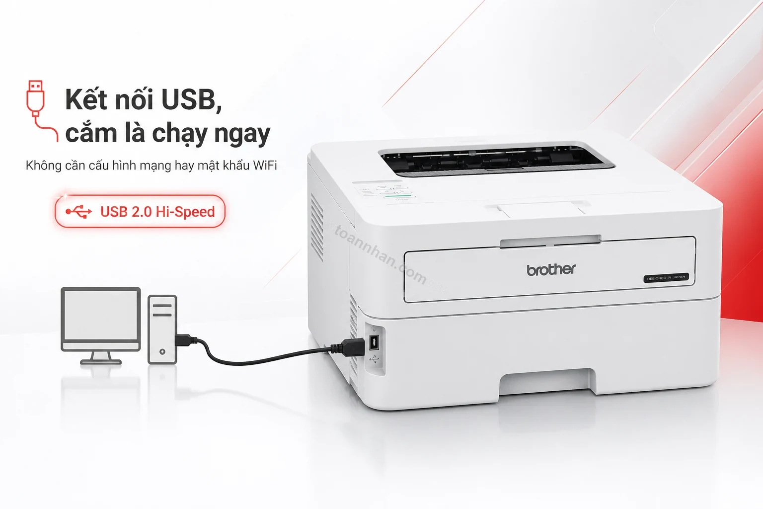 Cận cảnh cổng USB phía sau máy in Brother HL-B2100D kết nối với máy tính