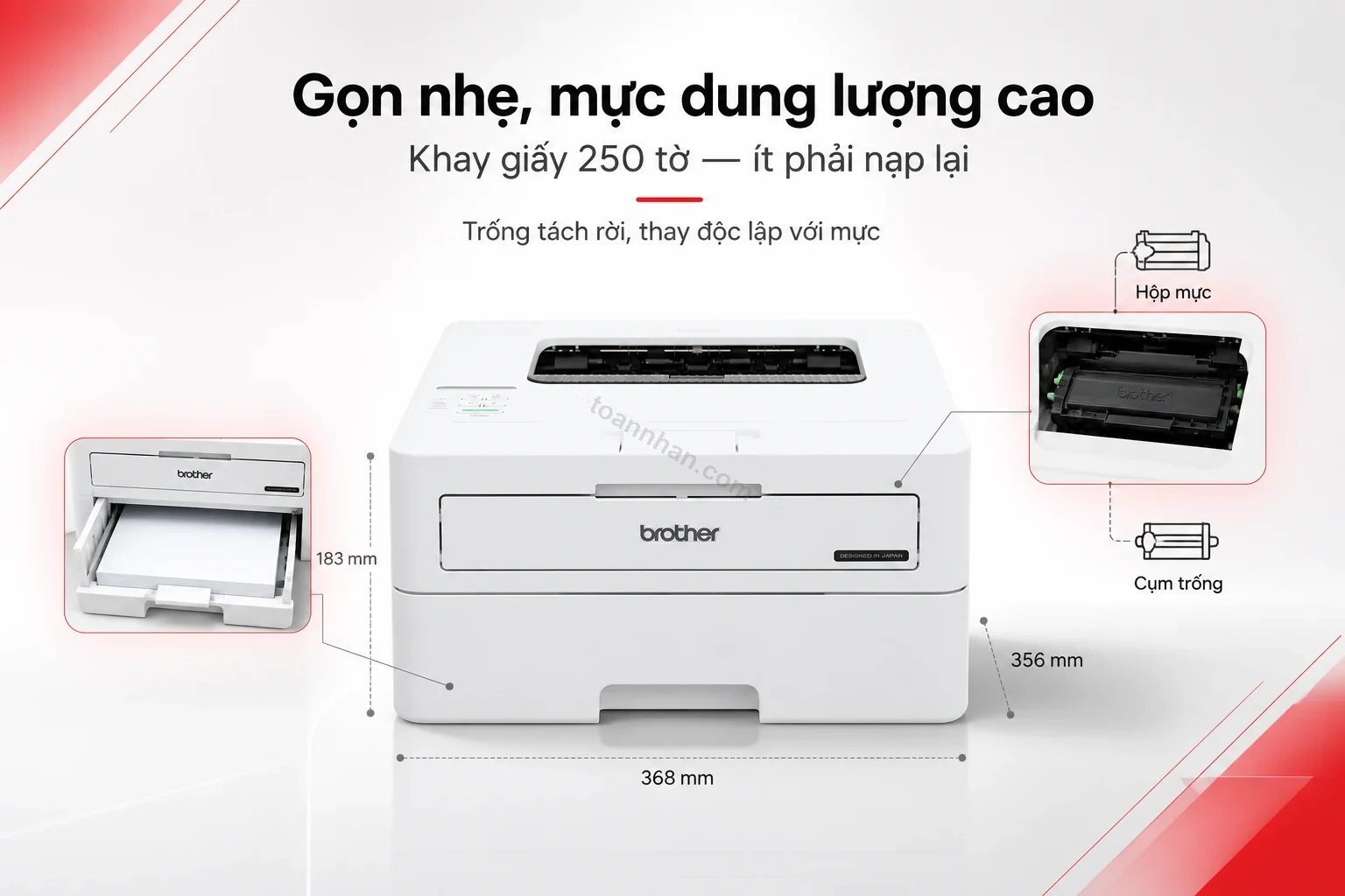 Cận cảnh hộp mực TN-B027 và thân máy gọn của Brother HL-B2100D