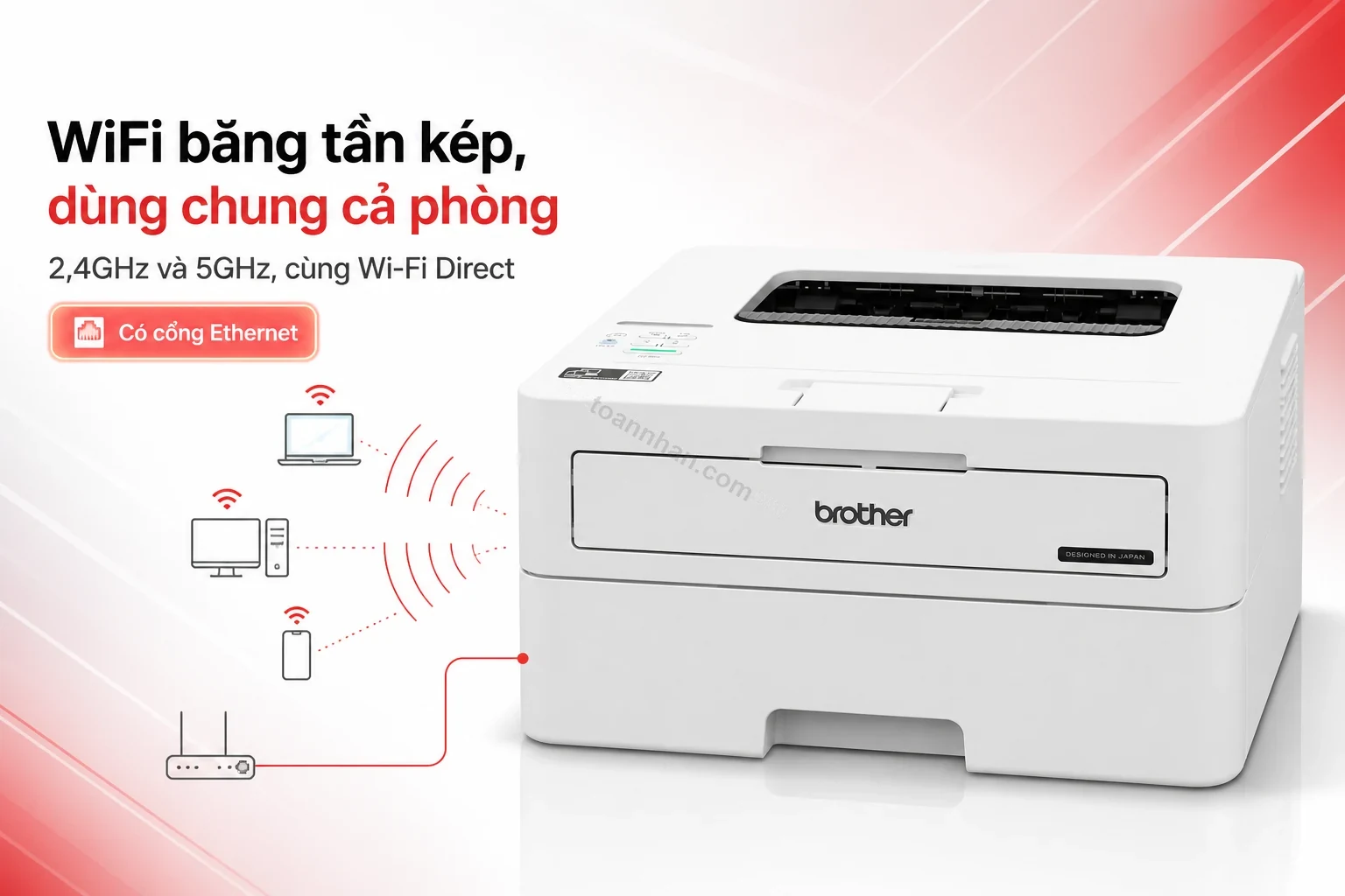 Sơ đồ kết nối WiFi băng tần kép và Ethernet của máy in Brother HL-B2180DW với nhiều thiết bị