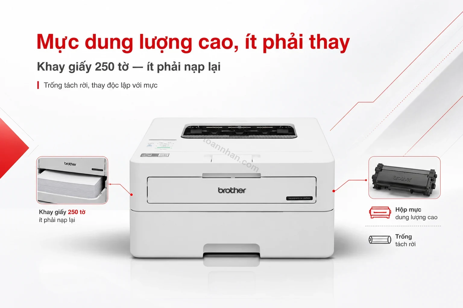 Cận cảnh hộp mực TN-B027 và khay giấy 250 tờ của máy in Brother HL-B2180DW