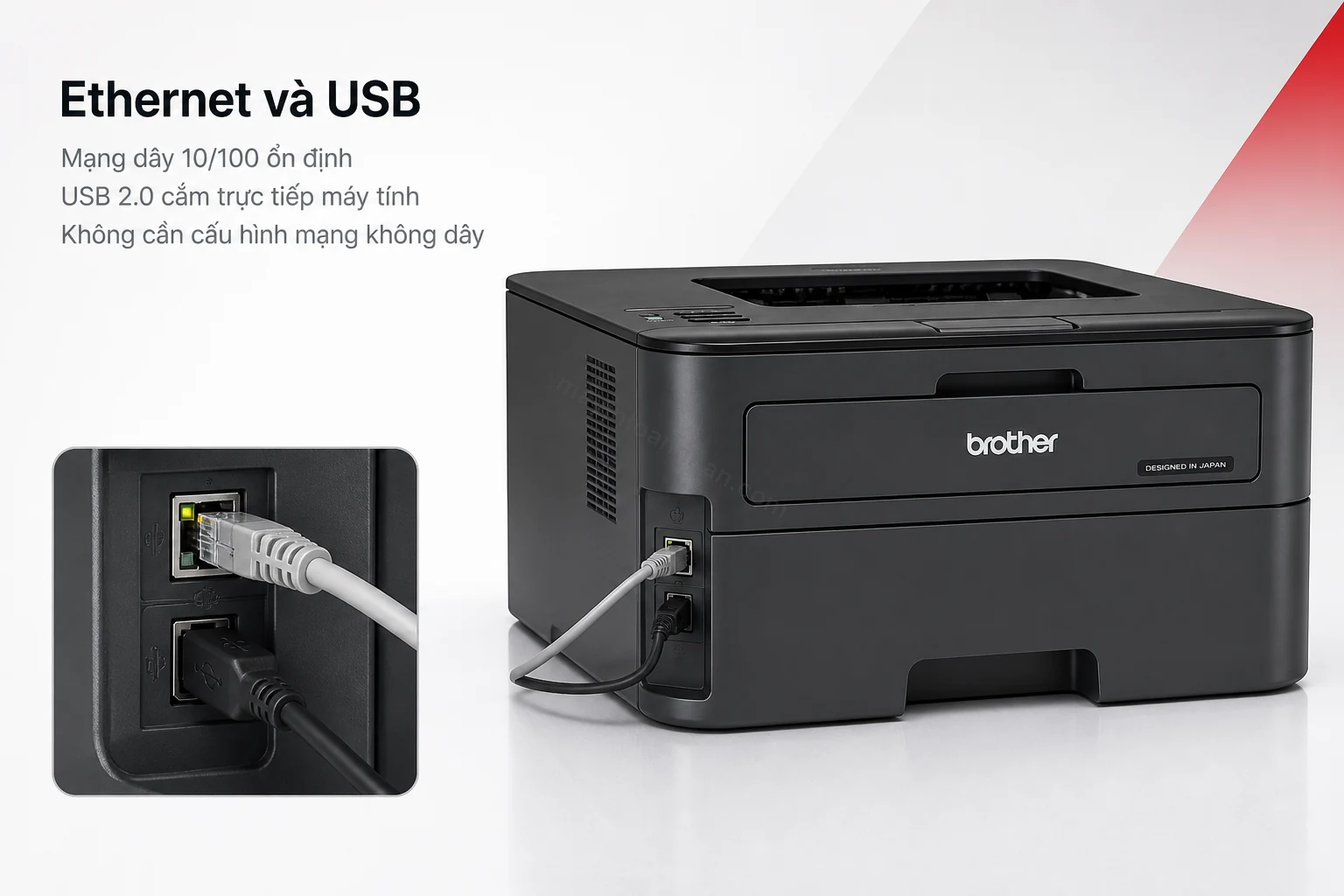Cổng kết nối Ethernet và USB phía sau máy in Brother HL-L2361DN