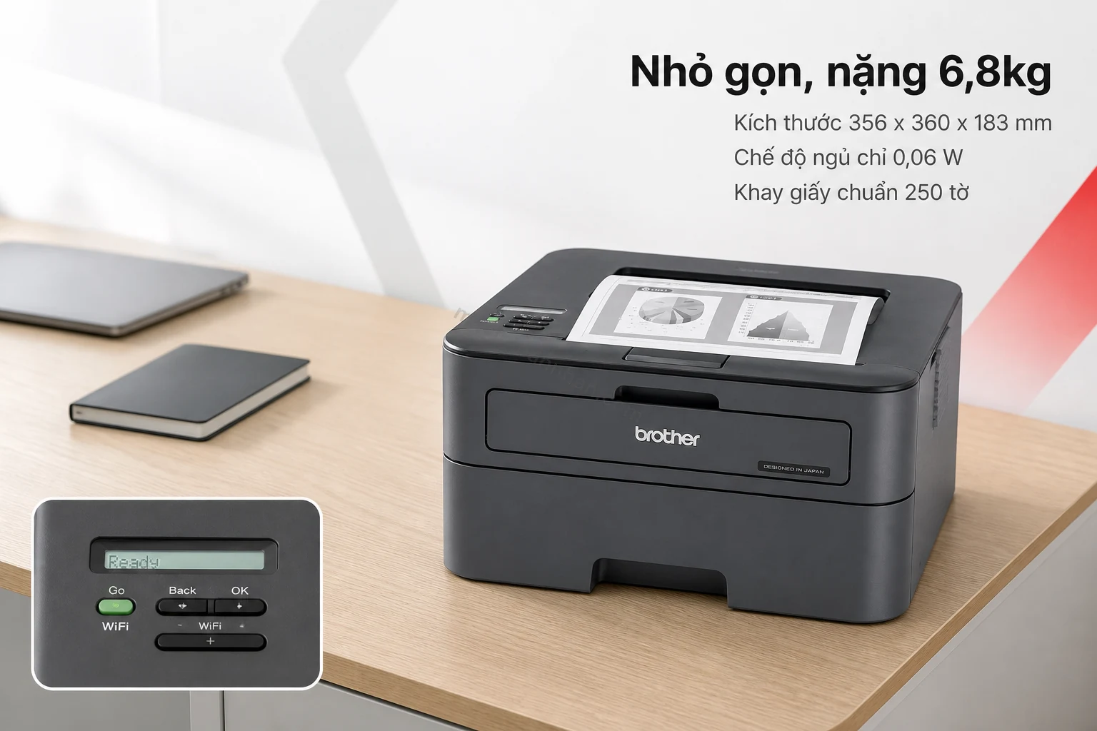 Kích thước nhỏ gọn của máy in Brother HL-L2361DN trên bàn làm việc