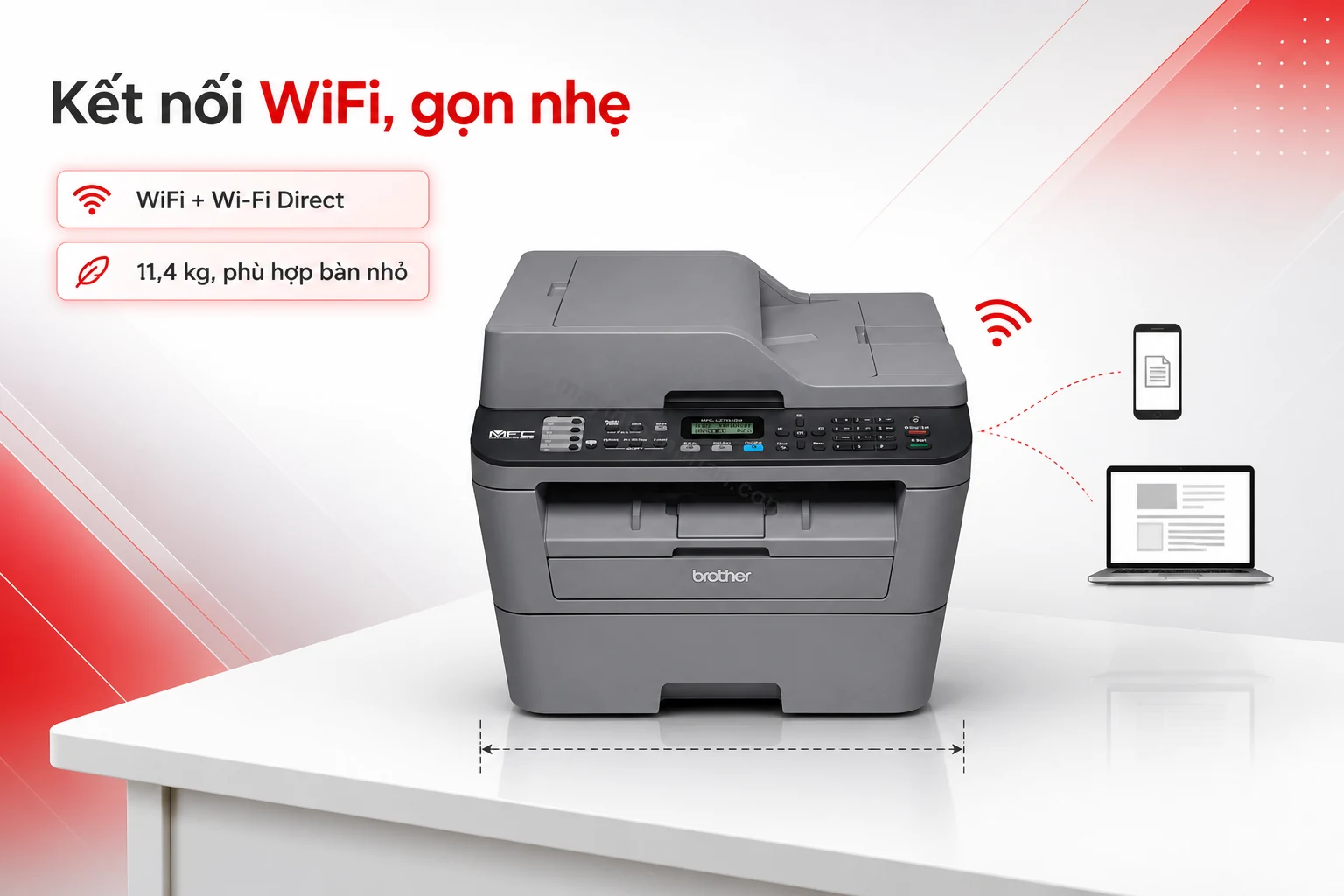 Máy in Brother MFC-L2701DW gọn nhẹ đặt trên bàn làm việc văn phòng nhỏ