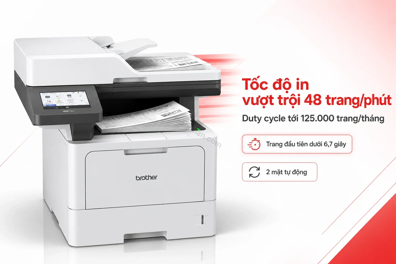 Máy in Brother MFC-L5915DW đang in tài liệu tốc độ cao trong văn phòng