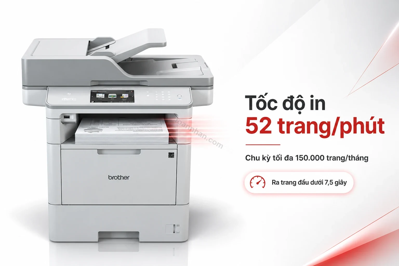 Máy in Brother MFC-L6900DW đang in nhanh chồng giấy văn phòng