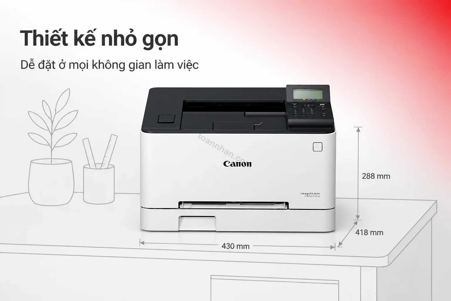 Thiết kế nhỏ gọn của Canon LBP621CW đặt trên bàn làm việc