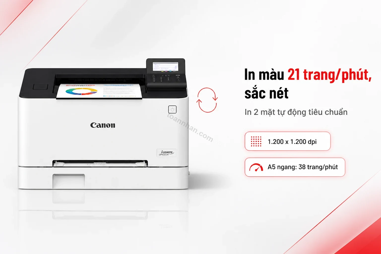 Máy in Canon LBP633Cdw đang in tài liệu màu 2 mặt, khay ra giấy có bản in