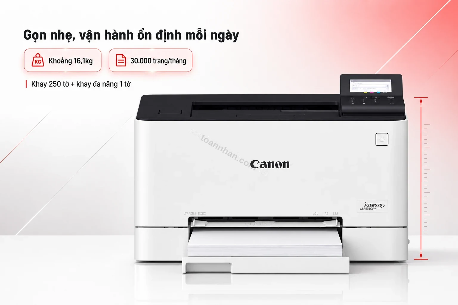 Kích thước gọn nhẹ của máy in Canon LBP633Cdw đặt trên bàn làm việc