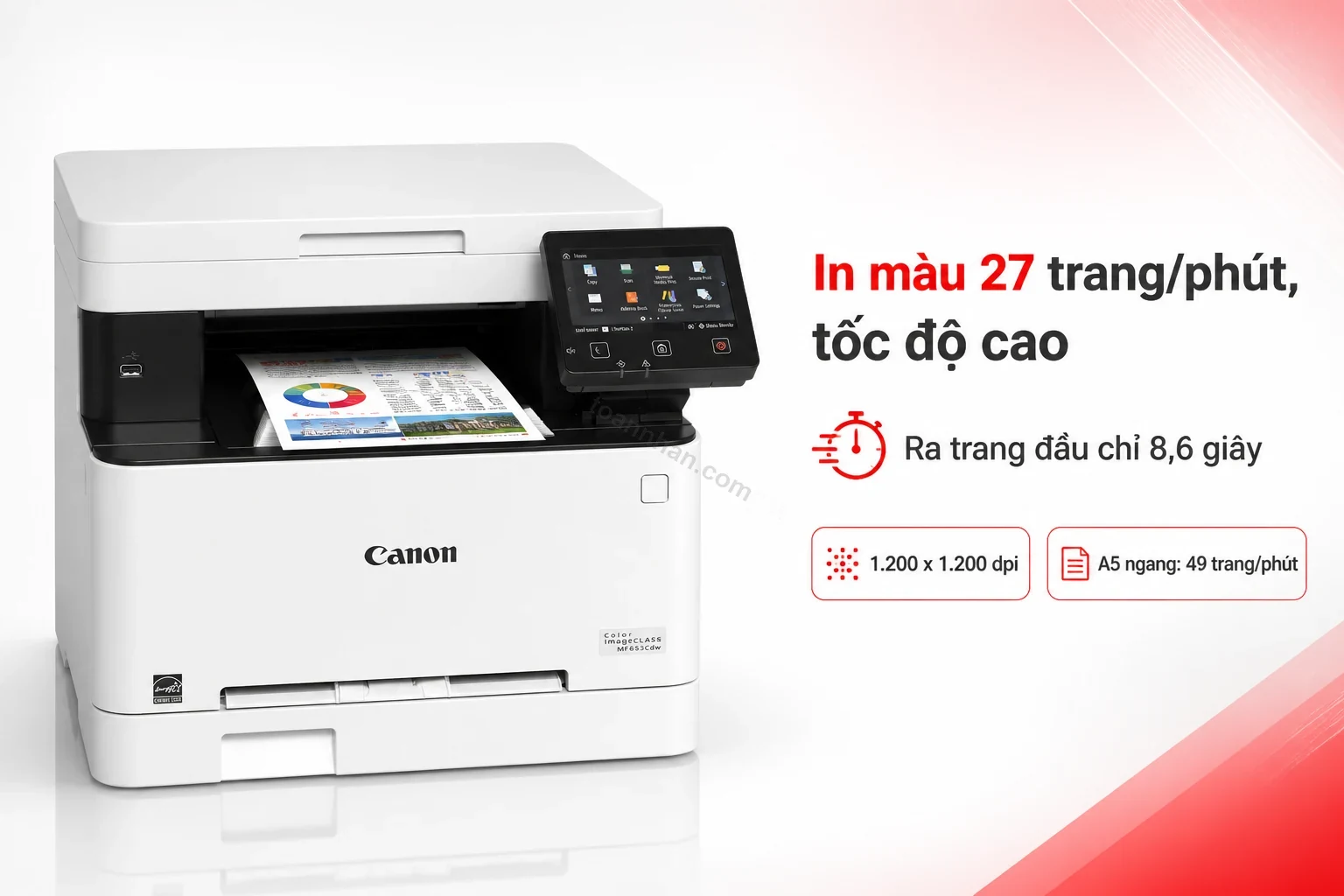 Máy in Canon LBP653Cdw đang in tài liệu màu, khay ra giấy có bản in