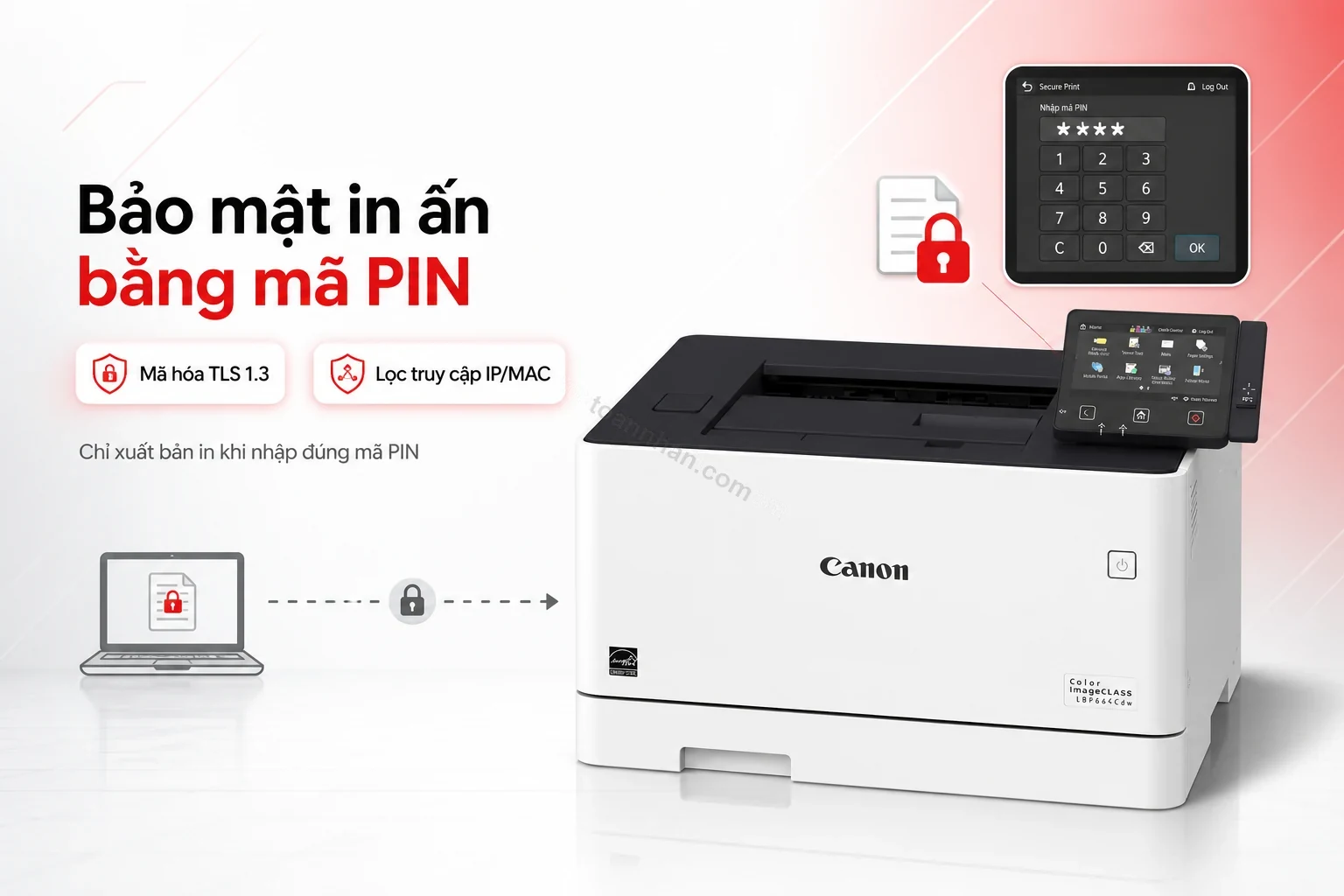 Màn hình cảm ứng Canon LBP664Cdw đang nhập mã PIN để xuất bản in bảo mật