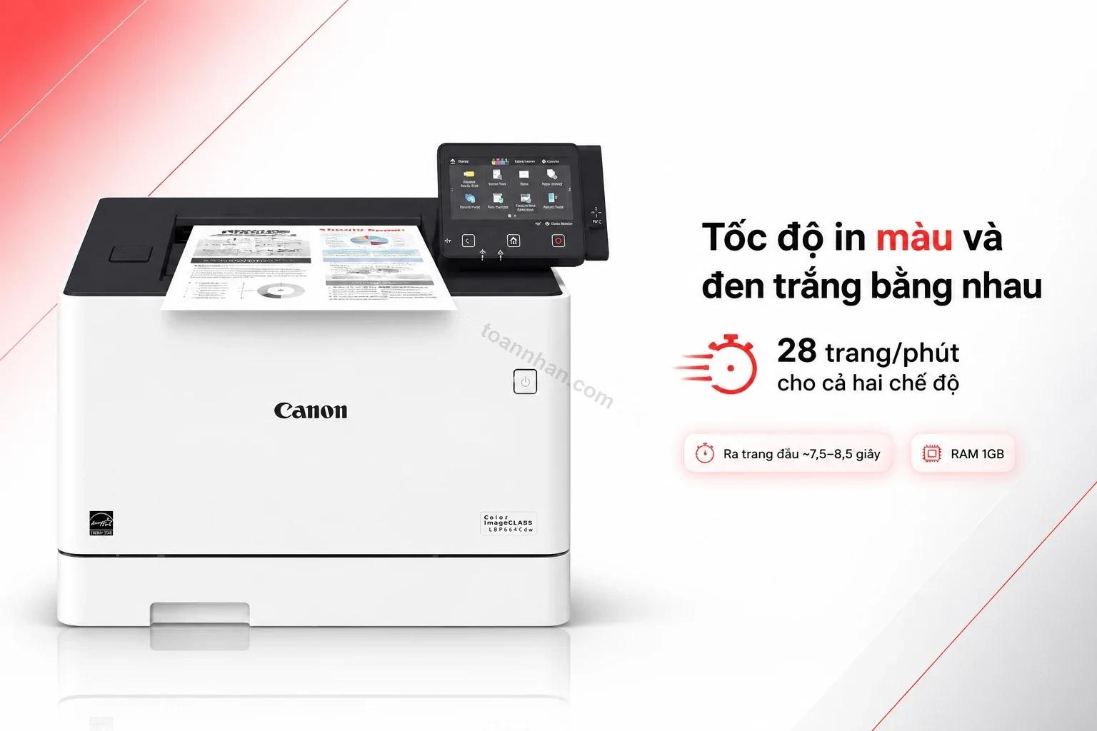 Canon LBP664Cdw đang in tài liệu màu tốc độ cao, cận cảnh trang in vừa ra khay
