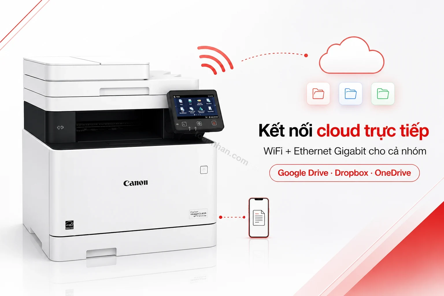Màn hình cảm ứng hiển thị kết nối cloud và WiFi trên máy in Canon i-SENSYS MF655Cdw