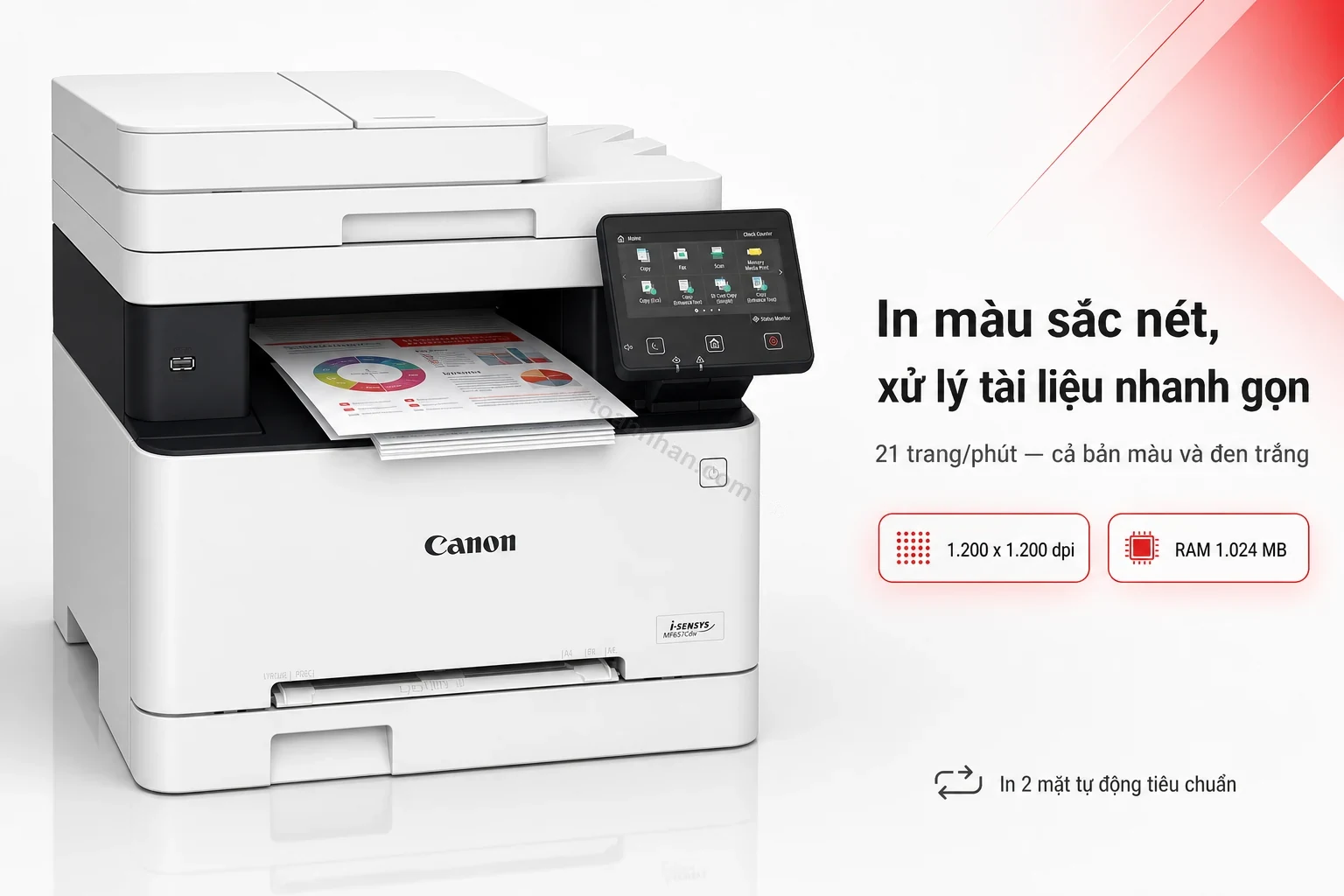 Mẫu in màu thực tế từ Canon MF657Cdw, cận cảnh độ sắc nét chữ và logo