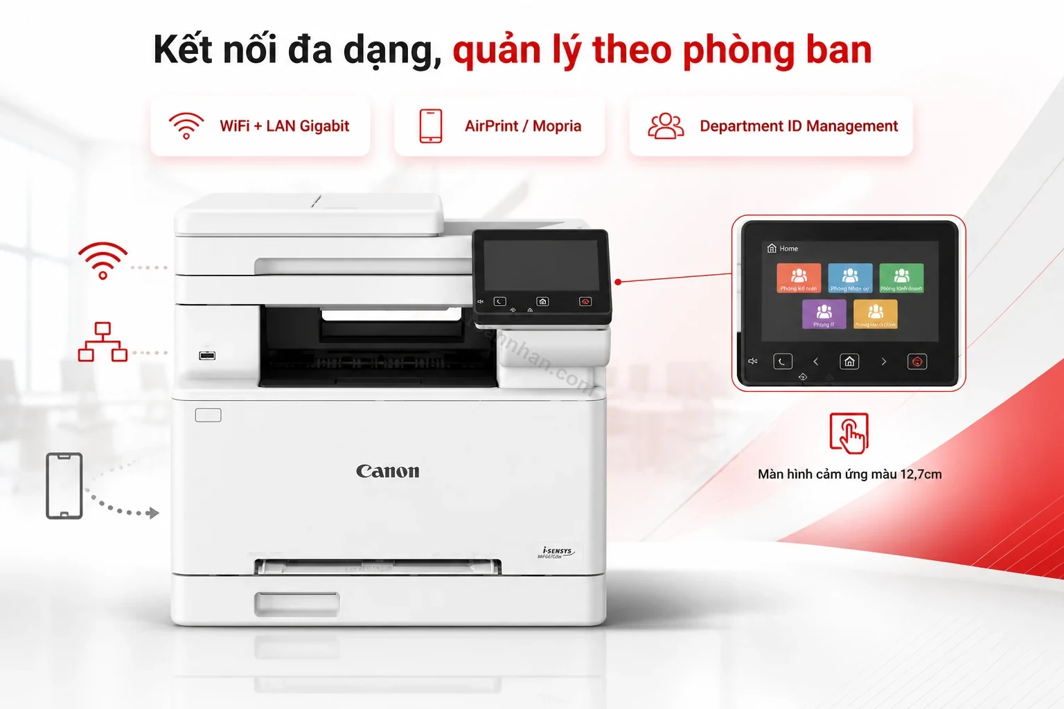 Màn hình cảm ứng và kết nối WiFi trên Canon MF667Cdw, quản lý in theo phòng ban