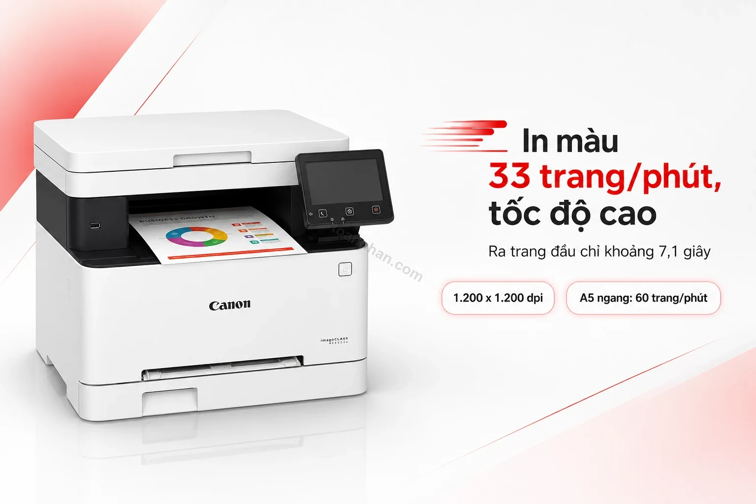 Máy in Canon MF752Cdw đang in tài liệu màu tốc độ cao, khay ra giấy có bản in