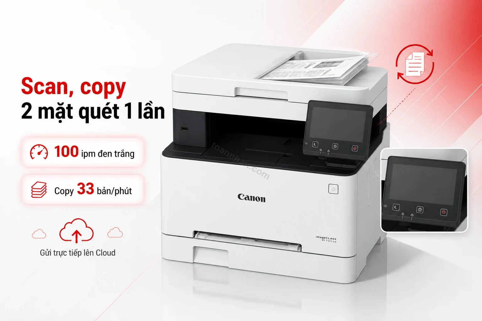 Khay ADF và màn hình cảm ứng của Canon MF752Cdw dùng cho scan và copy 2 mặt