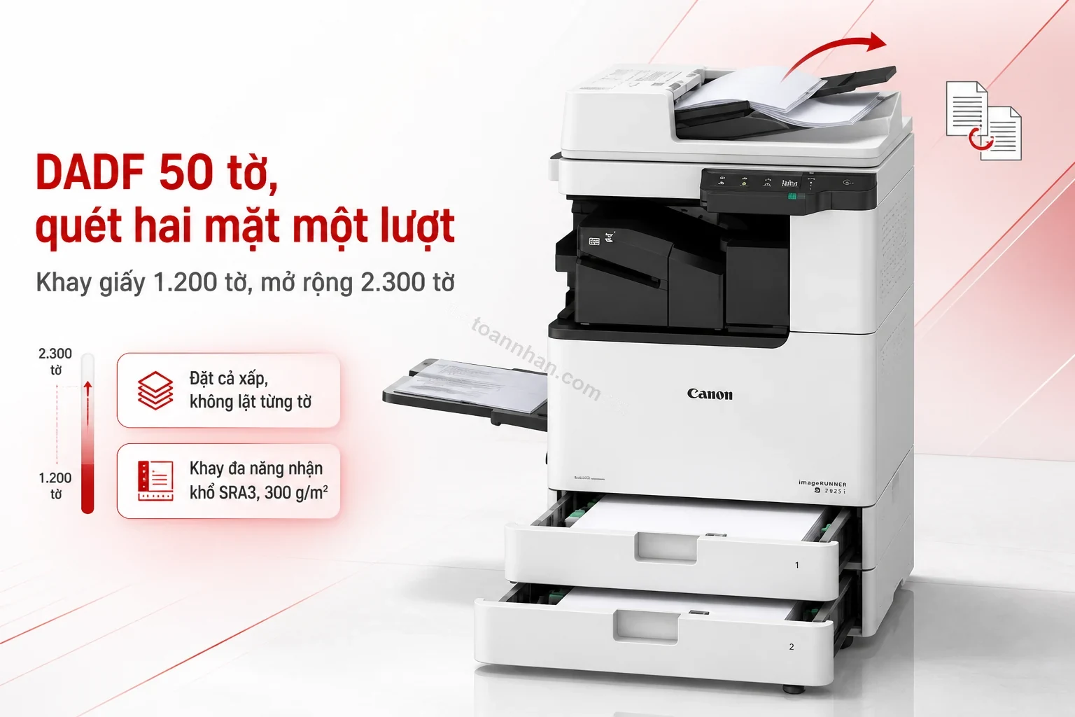 Bộ nạp tài liệu DADF-AZ1 với xấp bản gốc và hai ngăn kéo giấy đang mở của Canon iR 2925i
