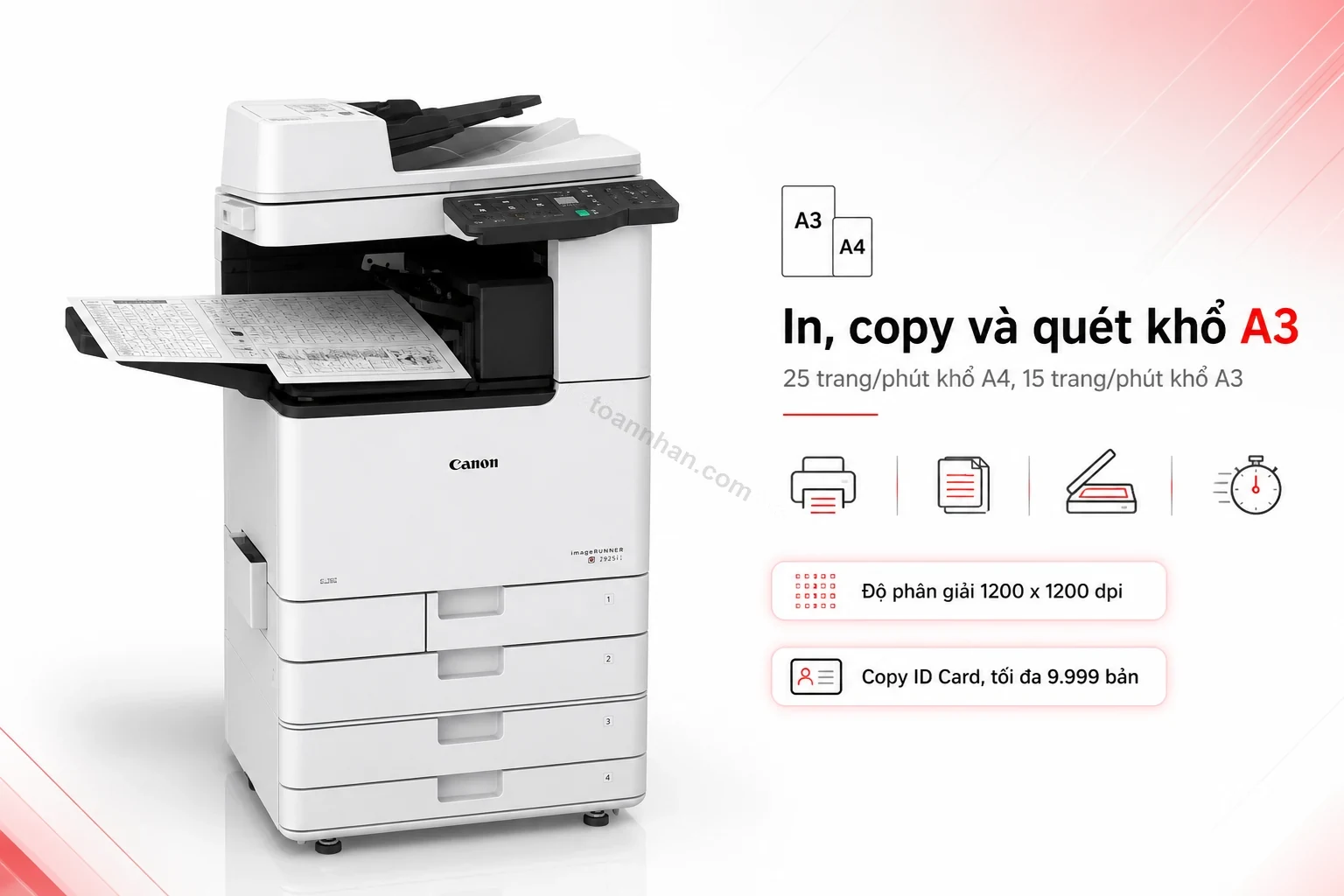 Canon imageRUNNER 2925i đang in bản A3, cận cảnh khay ra giấy và bảng điều khiển