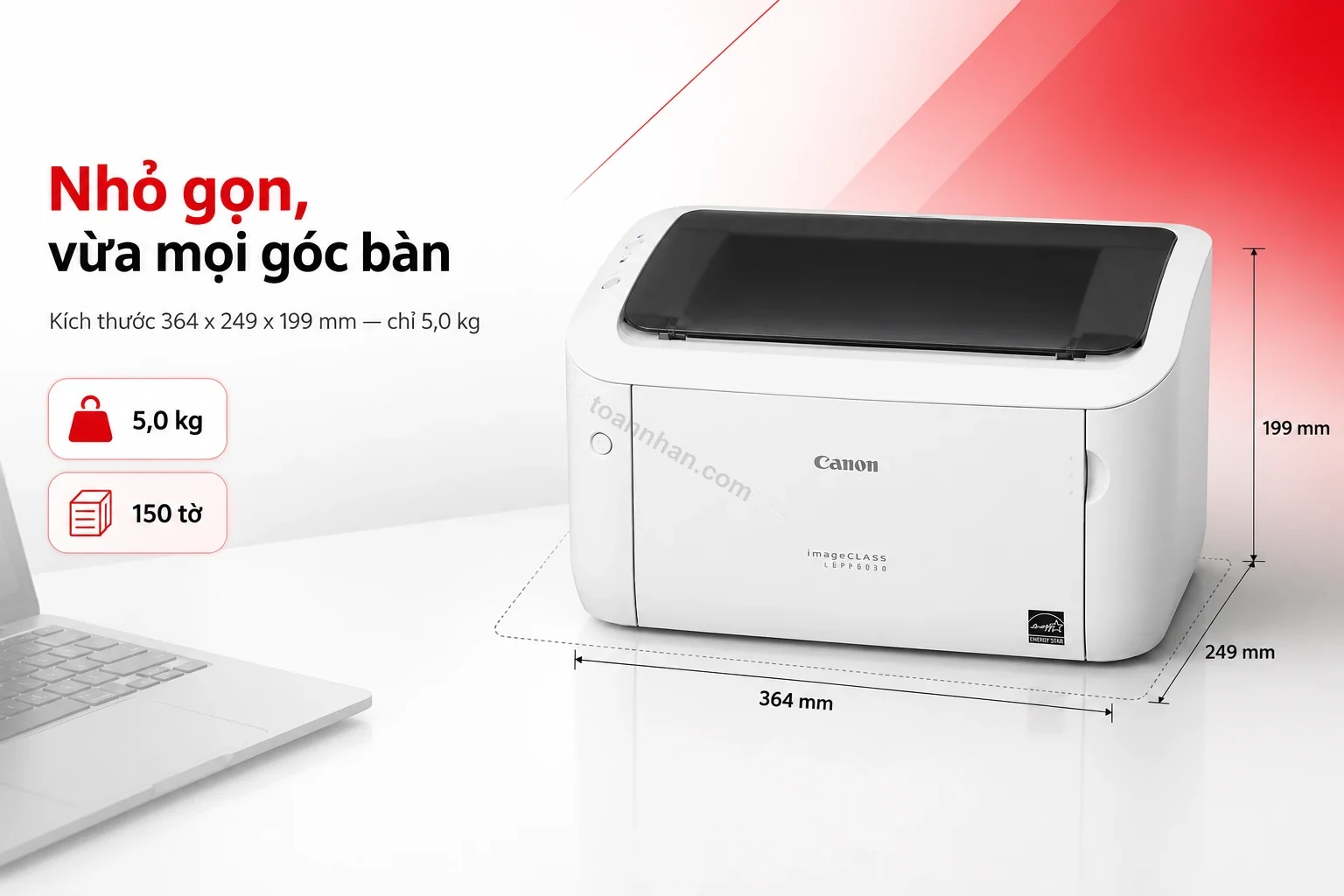Máy in Canon imageCLASS LBP6030 đặt gọn trên bàn làm việc nhỏ