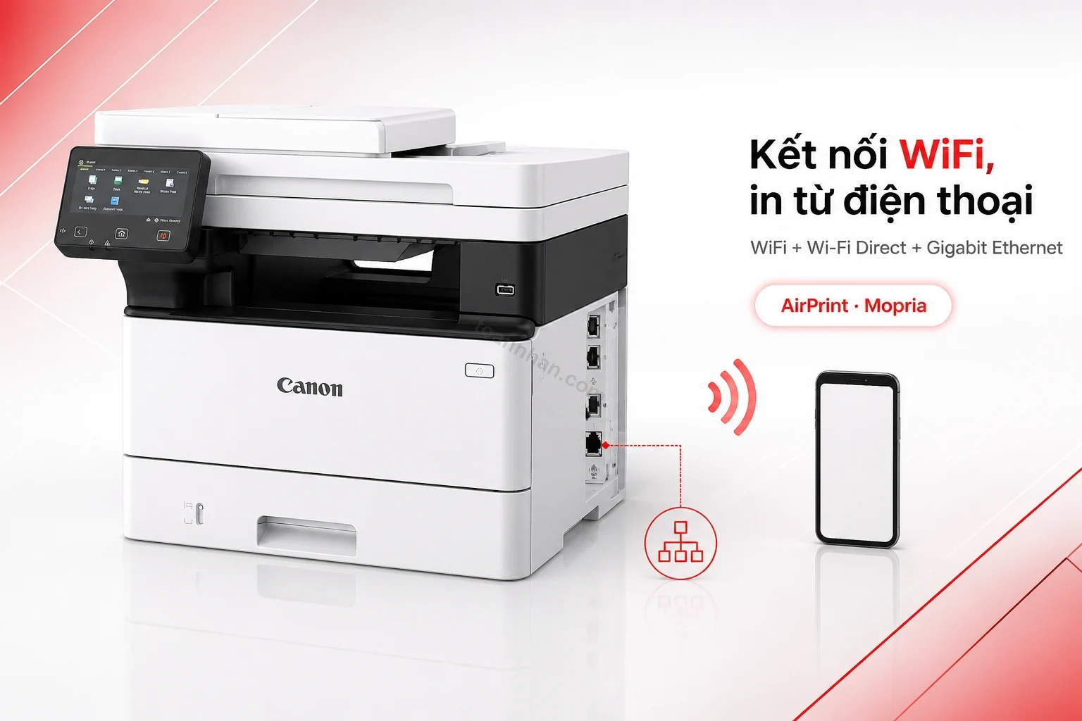 Cổng kết nối WiFi và Ethernet phía sau máy in Canon MF463dw