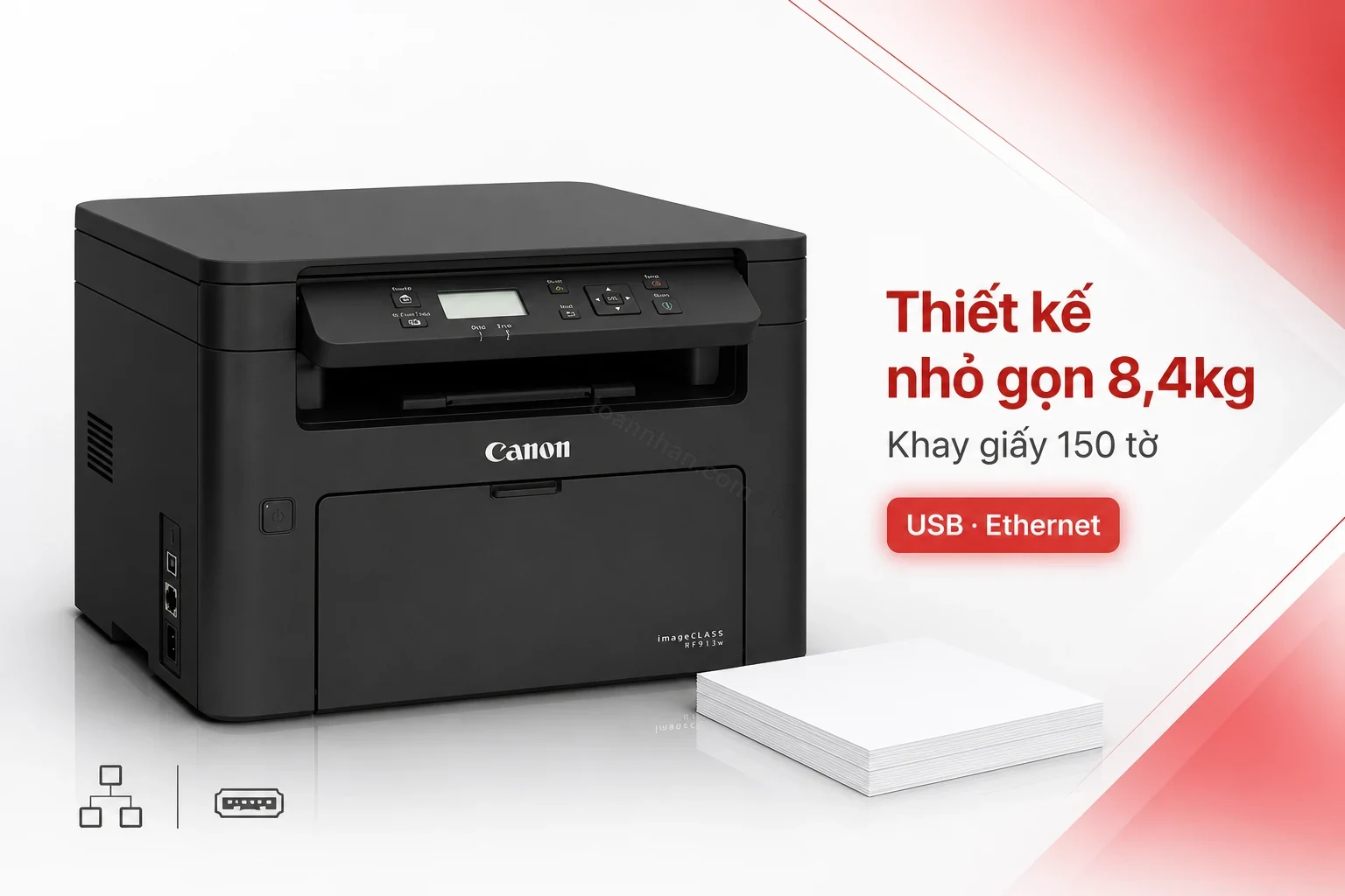 Khay giấy và cổng kết nối phía sau máy in Canon MF913w