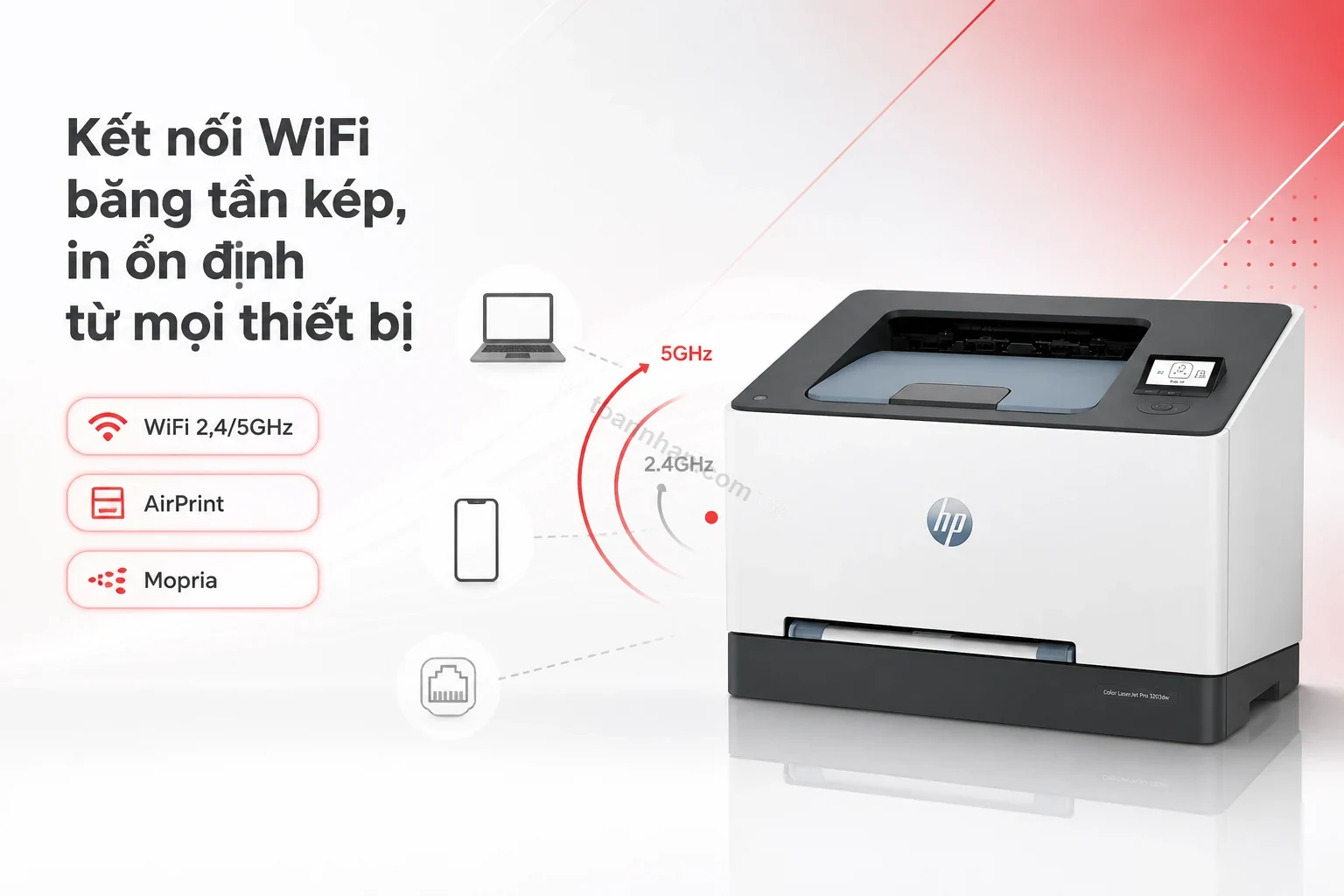 HP Color LaserJet Pro 3203dw kết nối WiFi băng tần kép