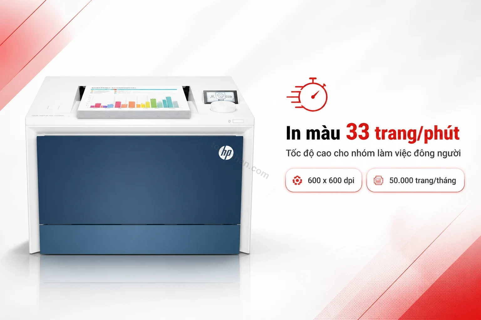 Bản in màu tốc độ cao từ máy in HP Color LaserJet Pro 4203dn, cận cảnh độ sắc nét chữ và hình