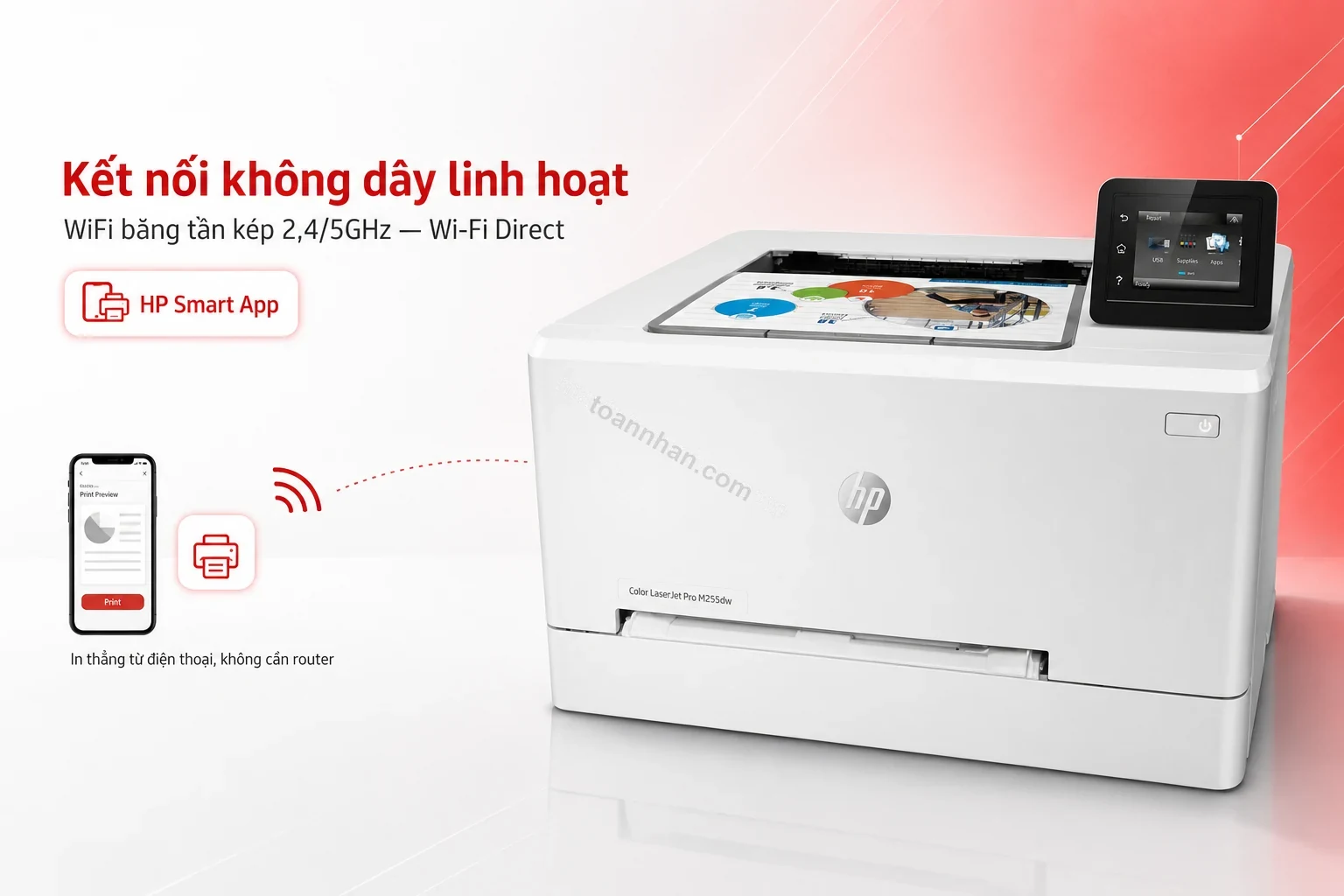 In không dây từ điện thoại qua WiFi và Wi-Fi Direct trên máy in HP Color LaserJet Pro M255dw chính hãng