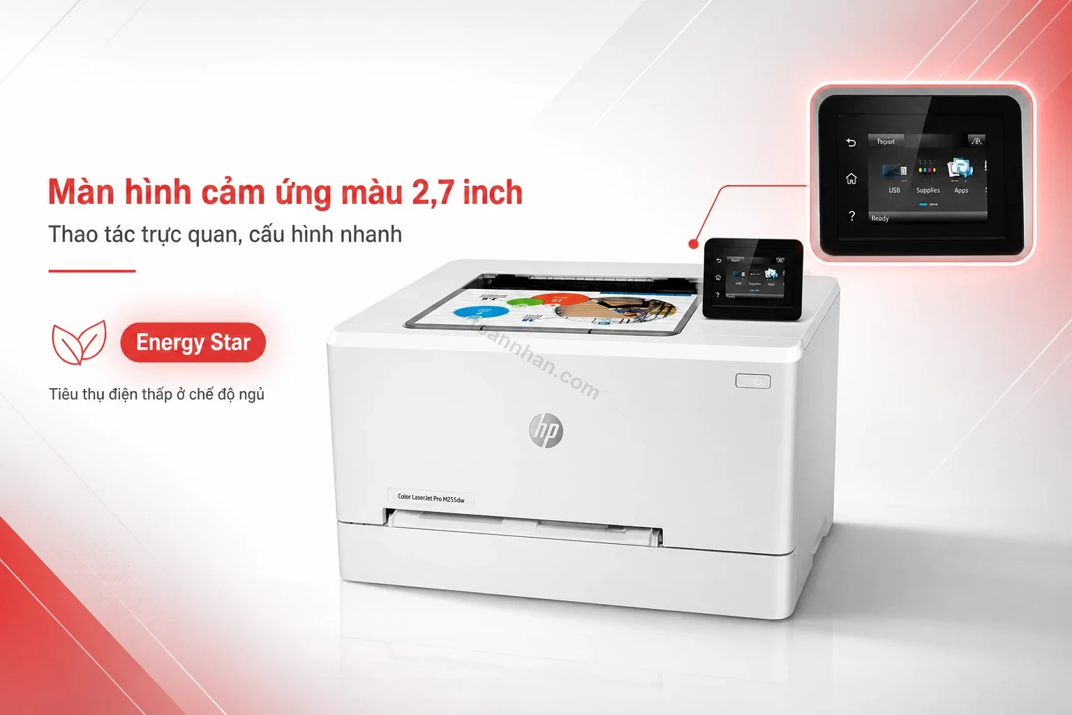 Màn hình cảm ứng màu 2,7 inch trên máy in HP Color LaserJet Pro M255dw chính hãng