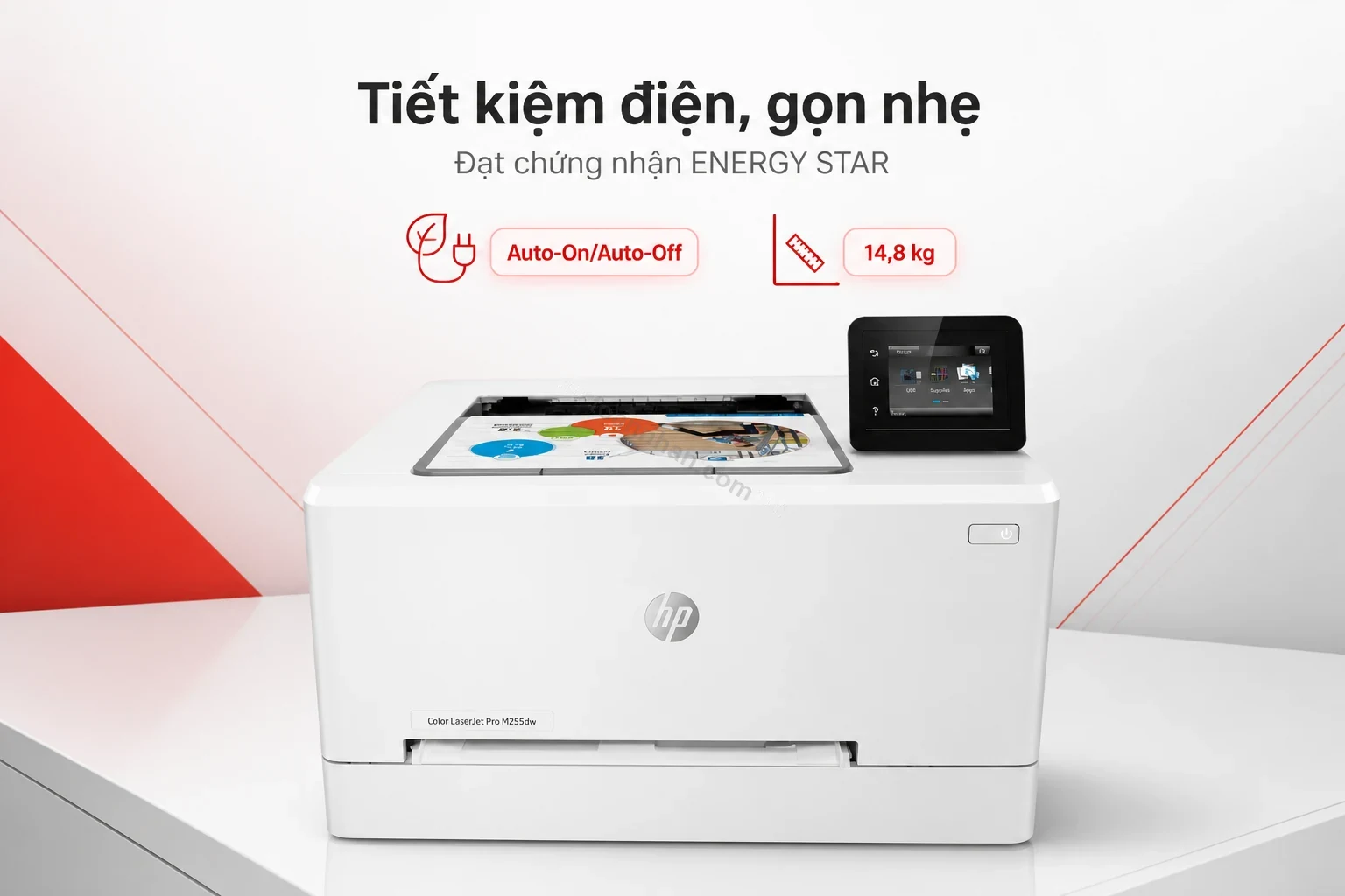 Kích thước gọn nhẹ và biểu tượng tiết kiệm năng lượng của máy in HP Color LaserJet Pro M255dw