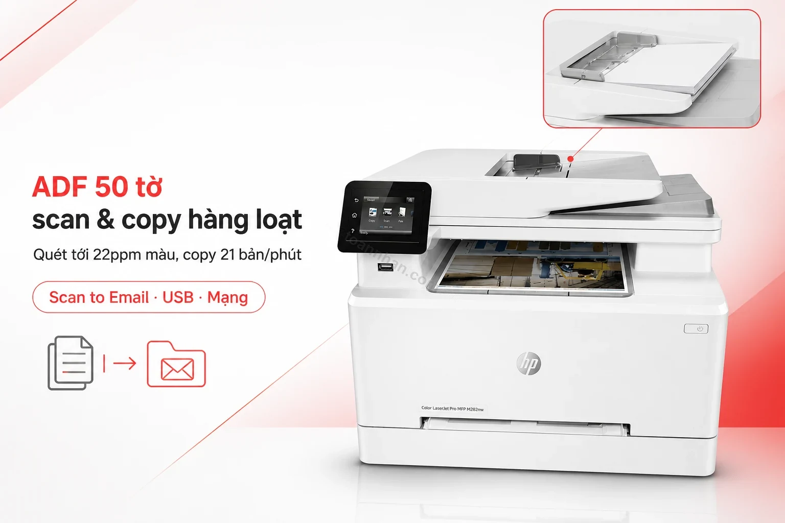 Khay ADF 50 tờ scan copy hàng loạt trên máy in HP M282nw
