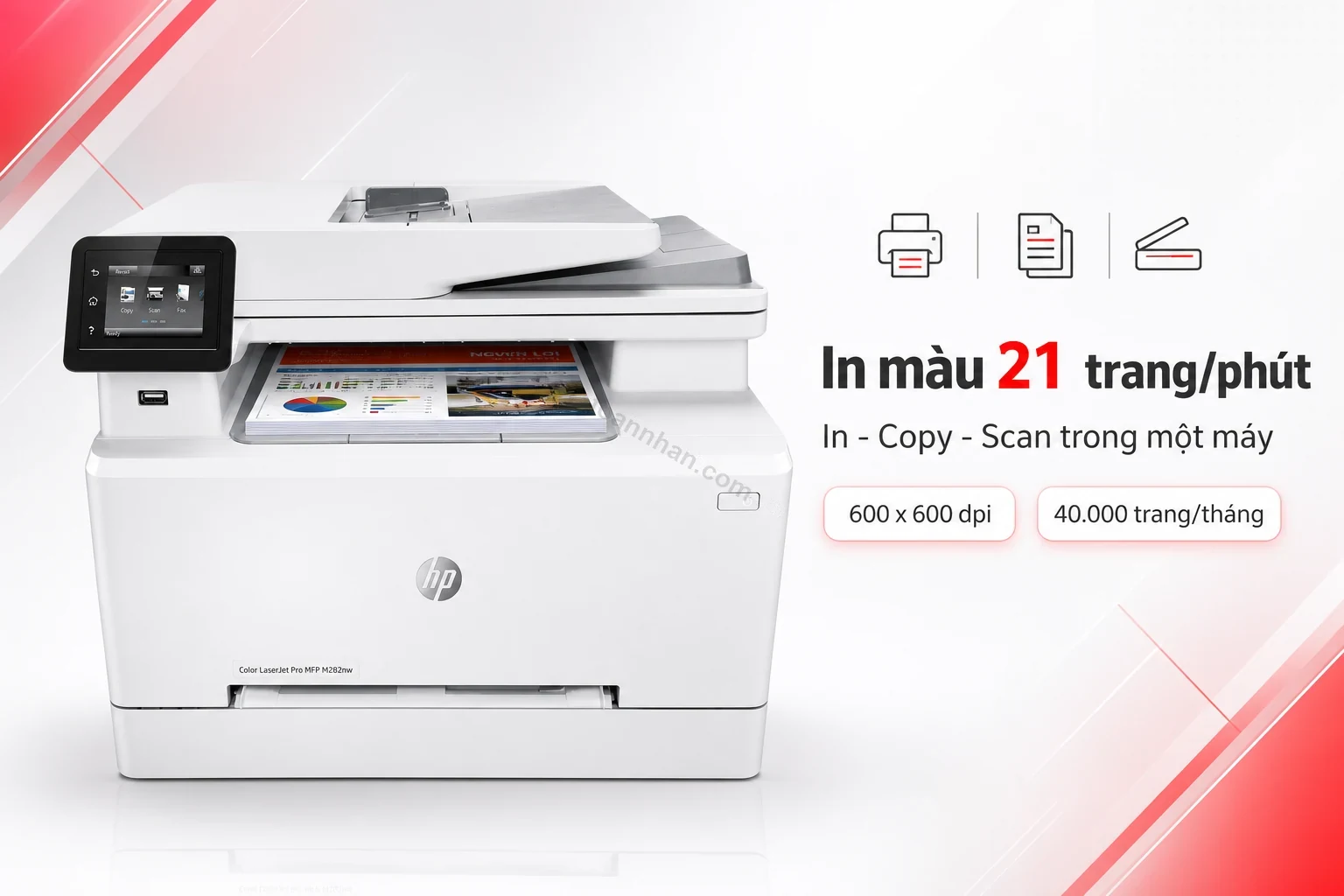 HP Color LaserJet Pro MFP M282nw đang in màu tài liệu văn phòng