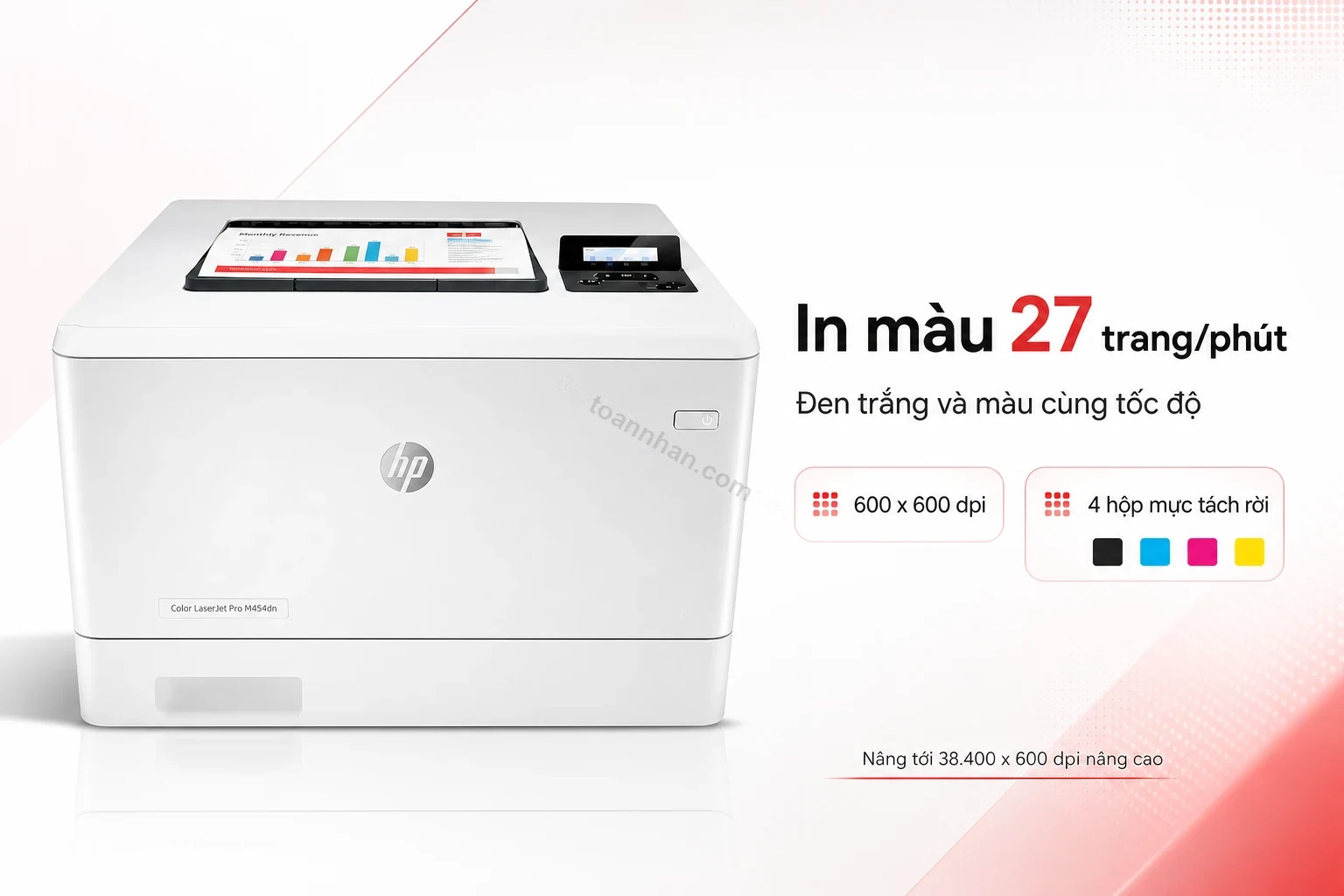 Bản in màu thực tế từ HP Color LaserJet Pro M454dn, cận cảnh độ sắc nét chữ và hình