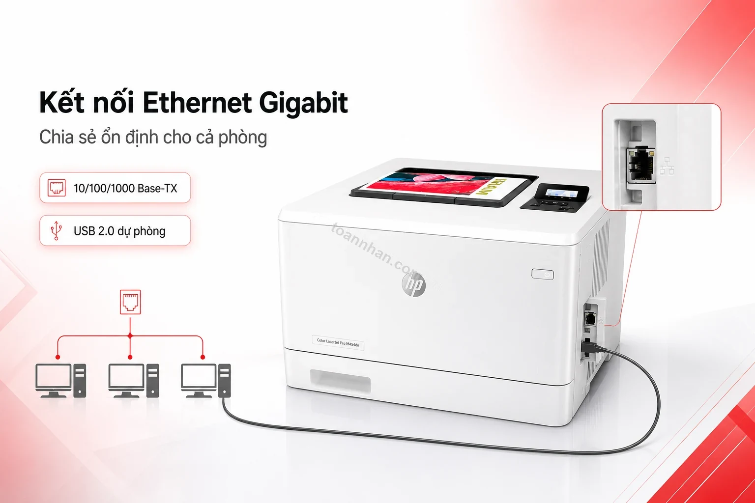 Cổng kết nối Ethernet Gigabit phía sau máy in HP Color LaserJet Pro M454dn