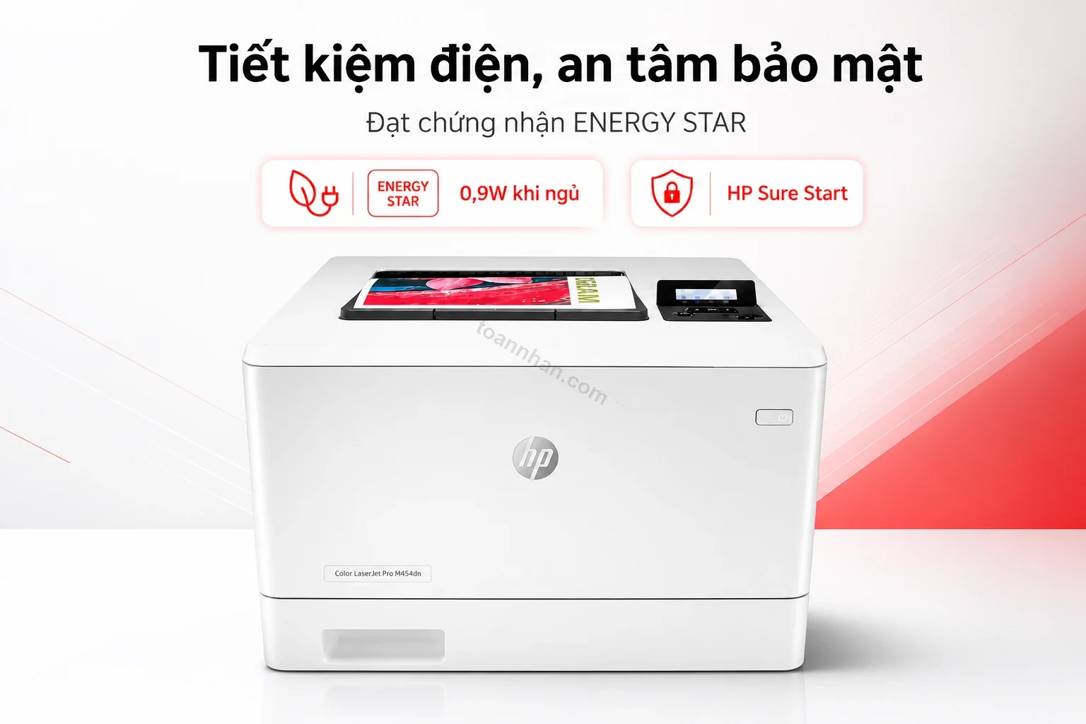Biểu tượng tiết kiệm năng lượng và bảo mật firmware của máy in HP Color LaserJet Pro M454dn