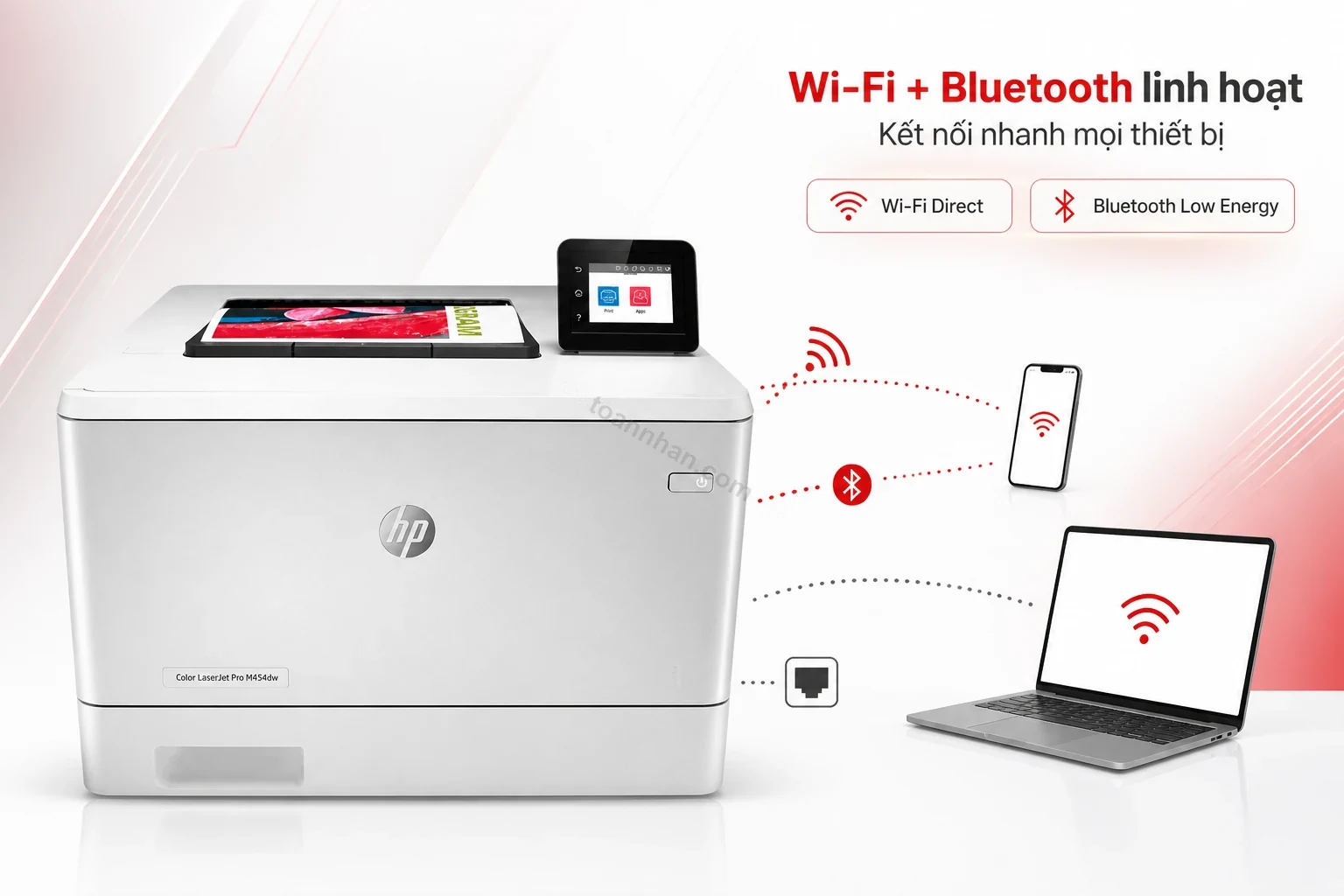 Kết nối Wi-Fi và Bluetooth linh hoạt trên máy in HP Color LaserJet Pro M454dw