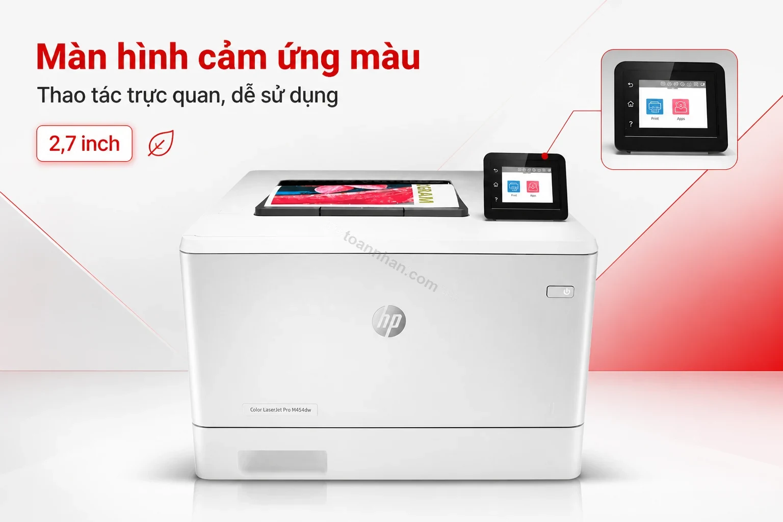 Màn hình cảm ứng màu 2,7 inch trên máy in HP Color LaserJet Pro M454dw