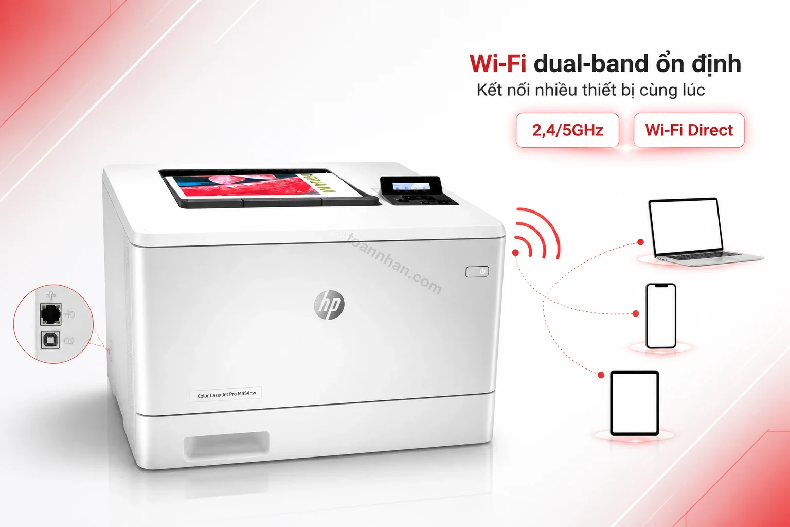 Kết nối Wi-Fi dual-band ổn định trên máy in HP Color LaserJet Pro M454nw