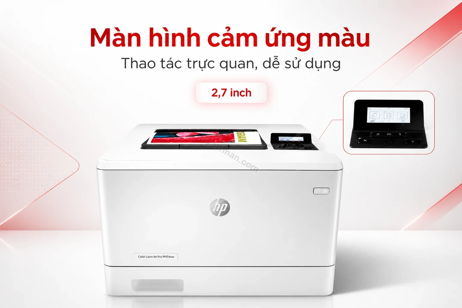 Màn hình cảm ứng màu 2,7 inch trên máy in HP Color LaserJet Pro M454nw