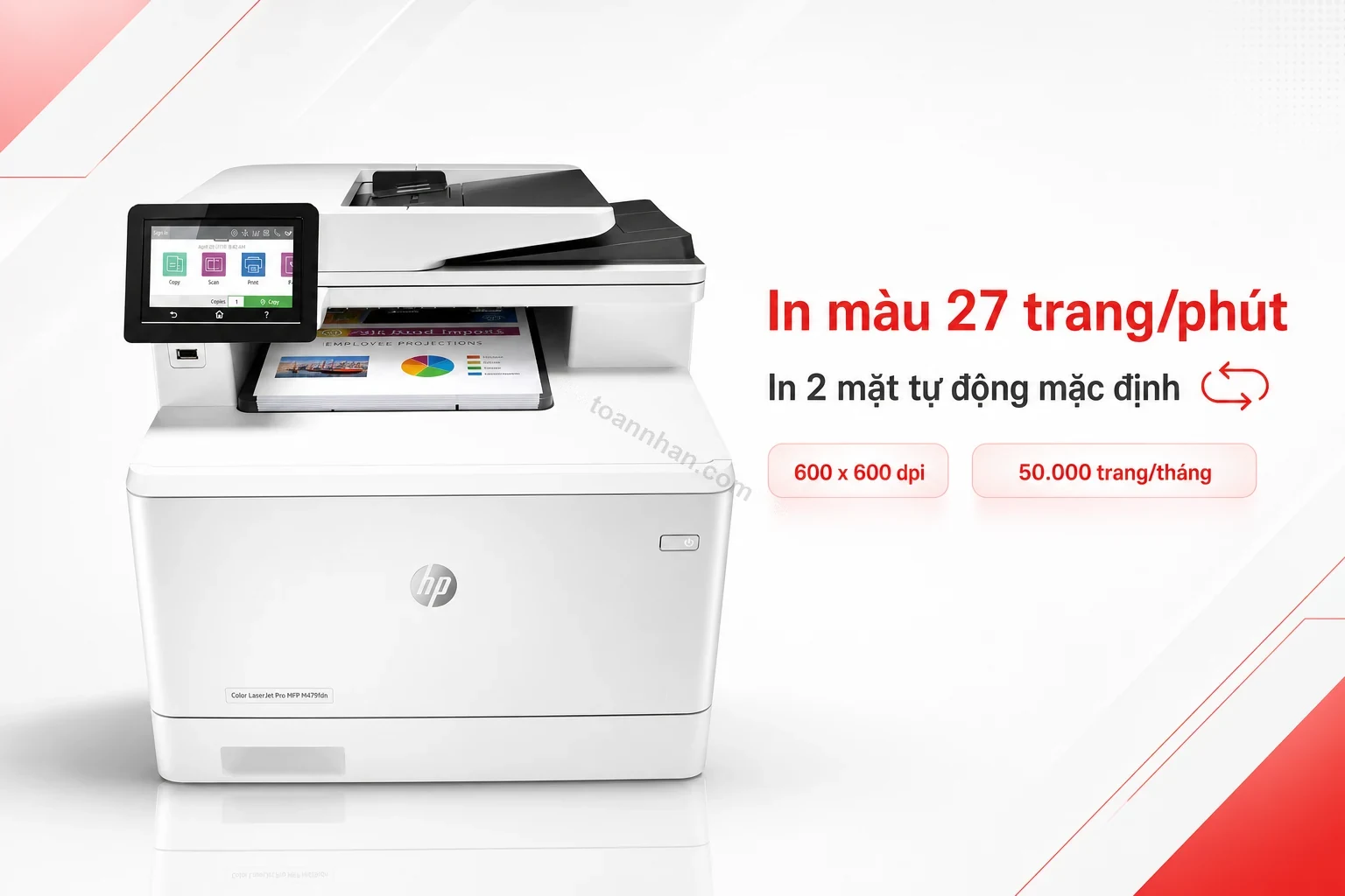 HP Color LaserJet Pro MFP M479dw đang in 2 mặt tự động tài liệu màu