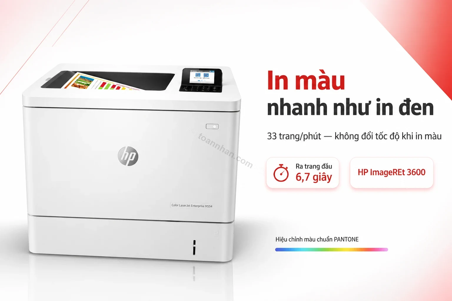 Bản in màu tốc độ cao từ HP Color LaserJet Enterprise M554dn, cận cảnh độ sắc nét chữ và màu