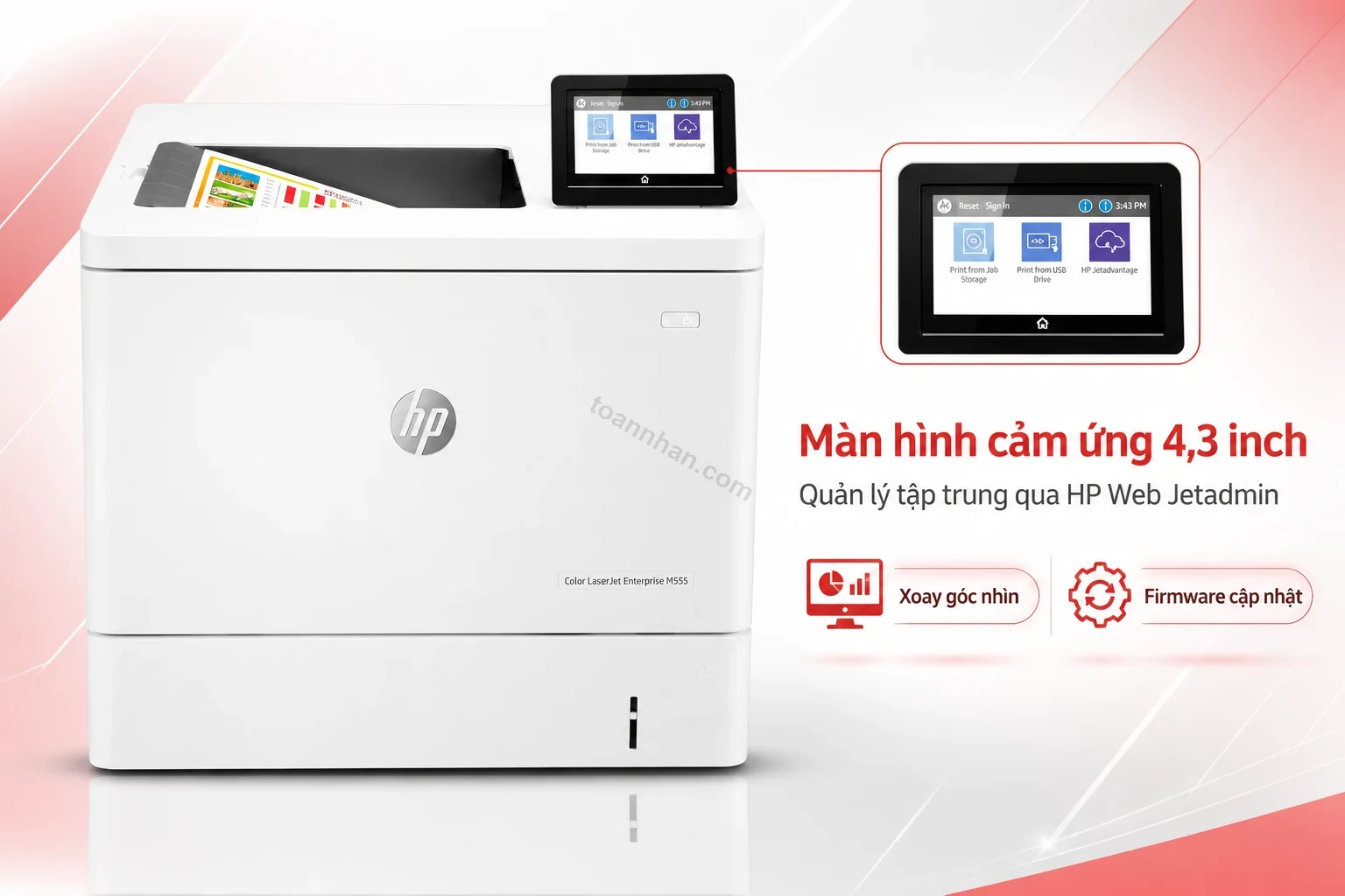 Màn hình cảm ứng màu và giao diện quản lý tập trung của máy in HP Color LaserJet Enterprise M555dn
