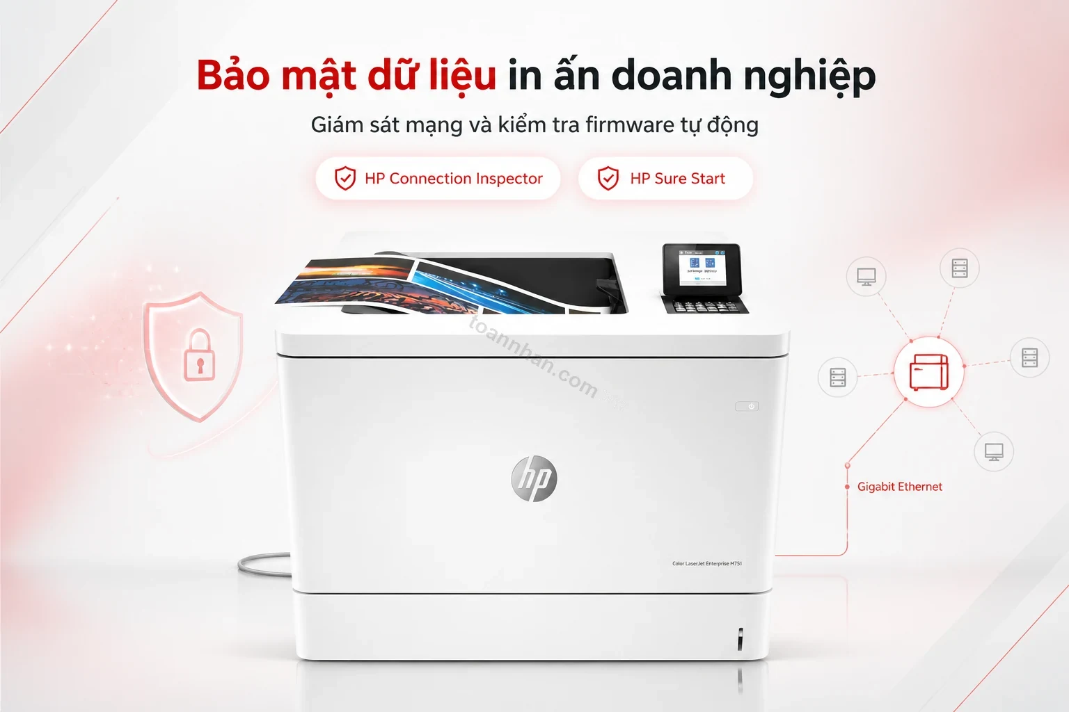 Biểu tượng bảo mật mạng của máy in HP Color LaserJet Enterprise M751dn trong hệ thống văn phòng
