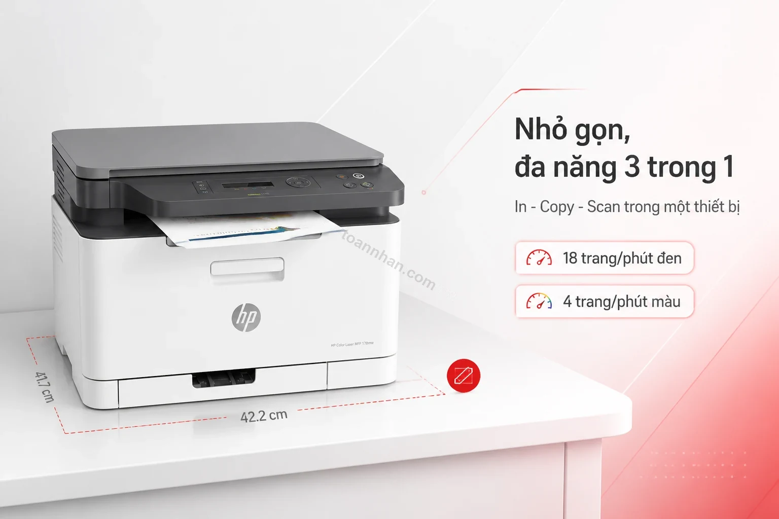 Máy in HP Color Laser MFP 178nw kích thước nhỏ gọn trên bàn làm việc
