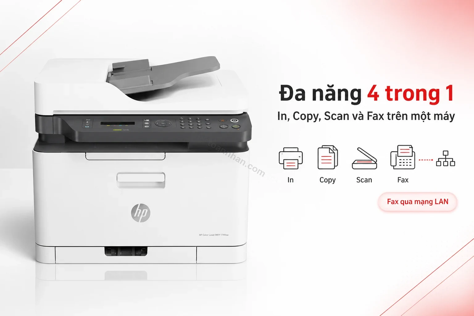 HP Color Laser MFP 179fnw đang in copy scan fax trên một máy văn phòng nhỏ