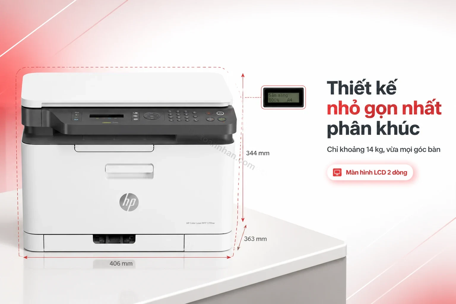 Thiết kế nhỏ gọn của HP Color Laser MFP 179fnw đặt trên bàn làm việc